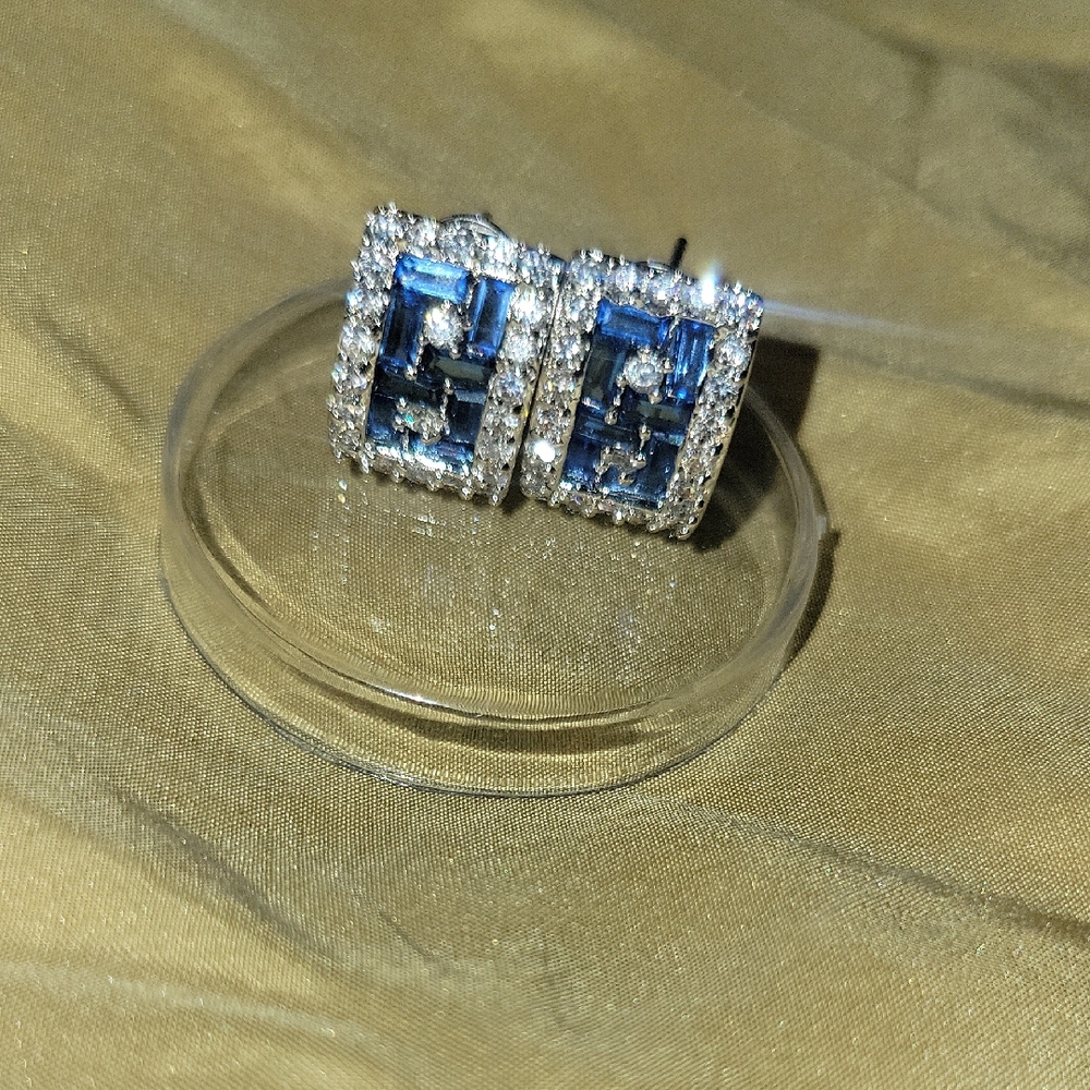 Glittering CZ & Blue Crystal Curved Rectangle Earrings,  Formal, Party, Holiday